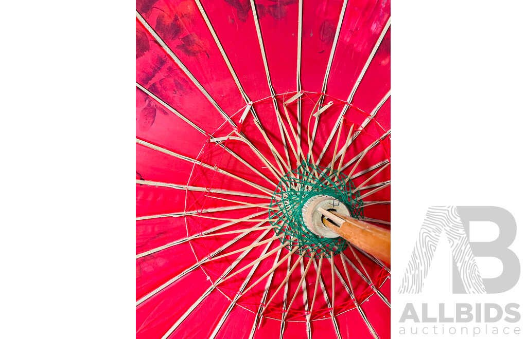 Pair of Vintage Hand Painted Decorative Parasols Including Larger One Constructed of Paper and Wood, Alongside a Cloth Parasol Style Lampshade