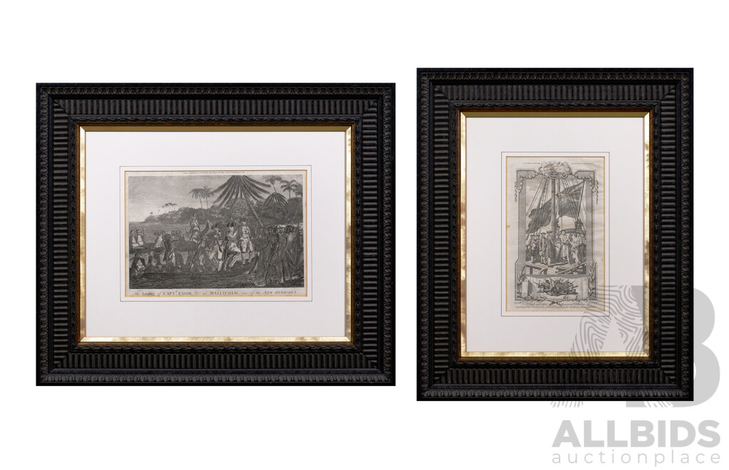 Pair of Framed Antique Steel Engravings, 'The Landing of Captain Cook at Malicolo - One of the New Hebrides' & 'Chief and Other Natives O'Taheitee' (2)