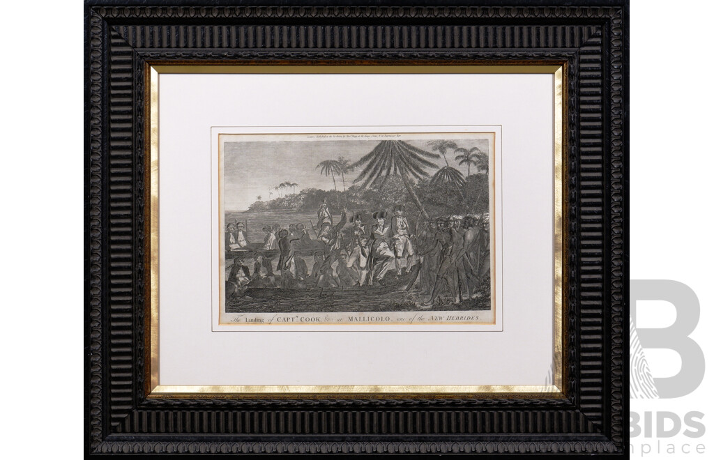 Pair of Framed Antique Steel Engravings, 'The Landing of Captain Cook at Malicolo - One of the New Hebrides' & 'Chief and Other Natives O'Taheitee' (2)