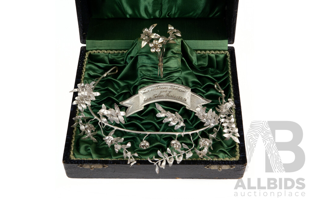 1926 German Antique Silver Myrtle Wedding Tiara with Pins for Him and Her, See Description for Translation of Engraved Pin