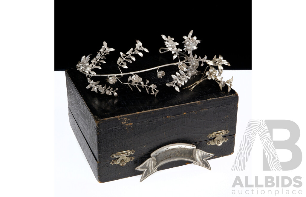 1926 German Antique Silver Myrtle Wedding Tiara with Pins for Him and Her, See Description for Translation of Engraved Pin