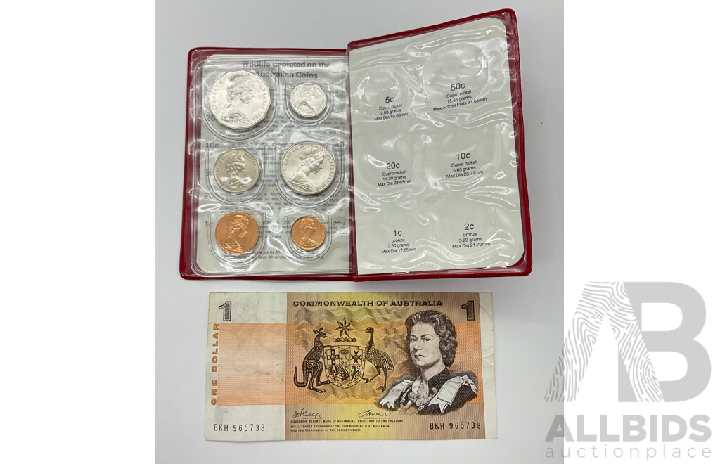 Australian 1972 COA One Dollar Note Phillips/Wheeler BKH and 1983 UNC Six Coin Set