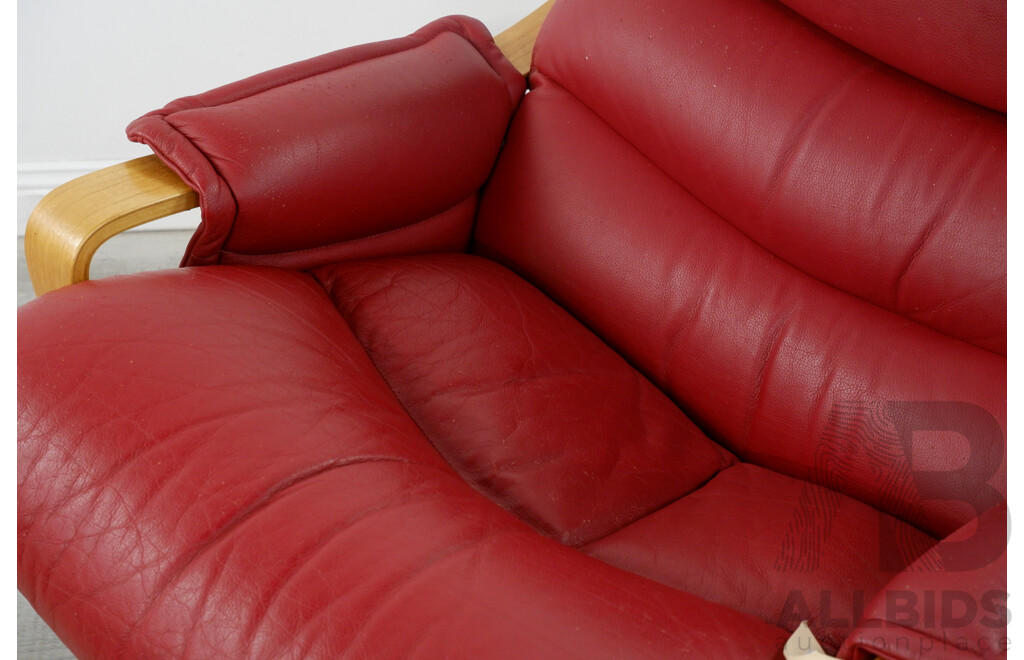 Red Leather Armchair and Footstool by Tessa Furniture