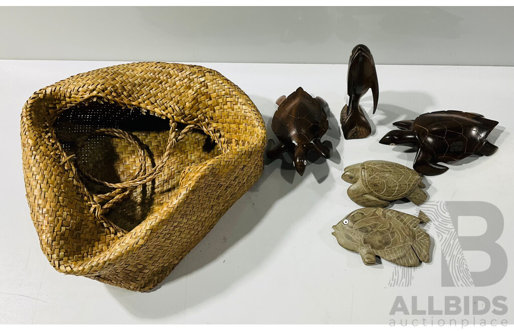 Collection of Stone and Wood Carved Animal Figurines in a Woven Reed Basket From the Solomon Islands