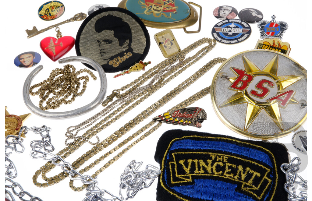 Collection Items Previously Belonging to Jimmy Barnes Including Badges, Jacket Chains, Cloth Patches, Jacket Studs and Decorations and More