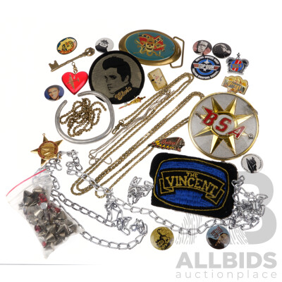 Collection Items Previously Belonging to Jimmy Barnes Including Badges, Jacket Chains, Cloth Patches, Jacket Studs and Decorations and More