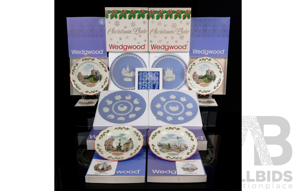 Collection Eight Wedgwood Commemorative Plates Including Four Queensware Christmas Plates, Two Ten Year Anniversary Plates & Two Jasperware Christmas Plates, All in Original Boxes