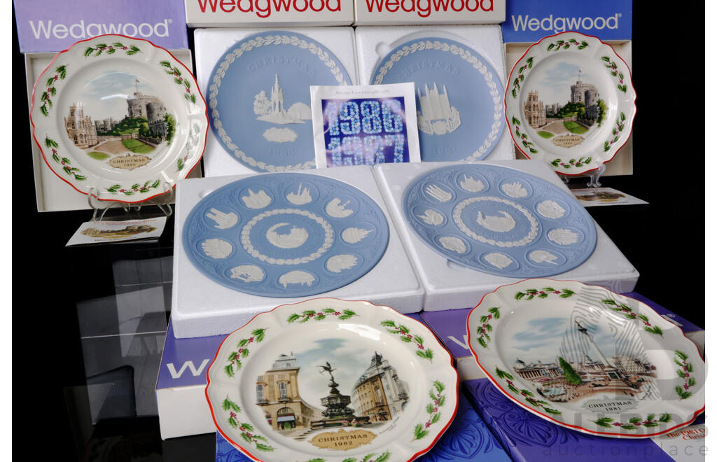 Collection Eight Wedgwood Commemorative Plates Including Four Queensware Christmas Plates, Two Ten Year Anniversary Plates & Two Jasperware Christmas Plates, All in Original Boxes