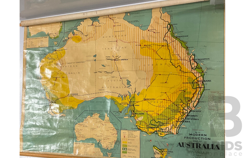 Vintage Modern Production Map of Australia, Chas H Scally & Co, Fouth Edition Number 113, Canvas with Wooden Ends