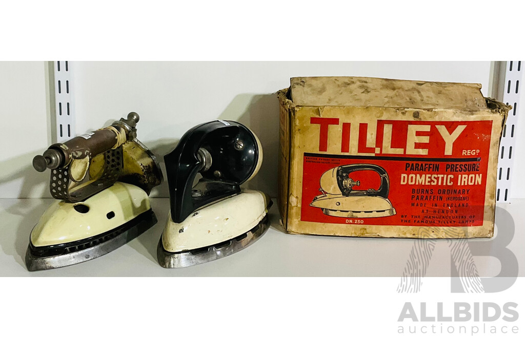 Pair of Vintage Irons Including Tilley Paraffin Pressure Domestic Iron in Original Box and an Aladdin Kerosene Model 4 Iron