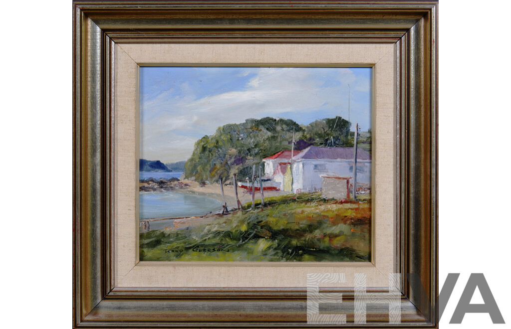 Terry Gleeson (1934-1976), South Coast Boat Sheds, Oil on Board
