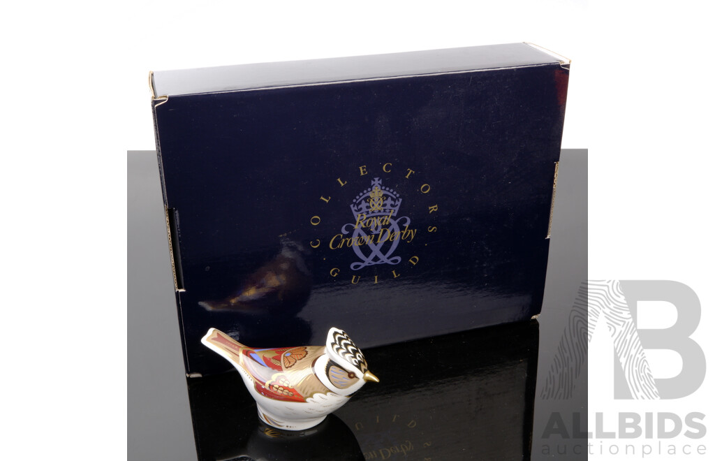 Royal Crown Derby Collectors Guild Porcelain Crested Tit Paperweight in Original Box