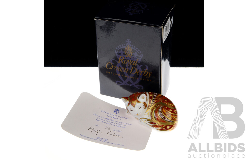 Royal Crown Derby Porcelain Limited Edition Number 26 of 2500, Signed by Artist, Marmelo Sleeping Kitten Paperweight in Original Box