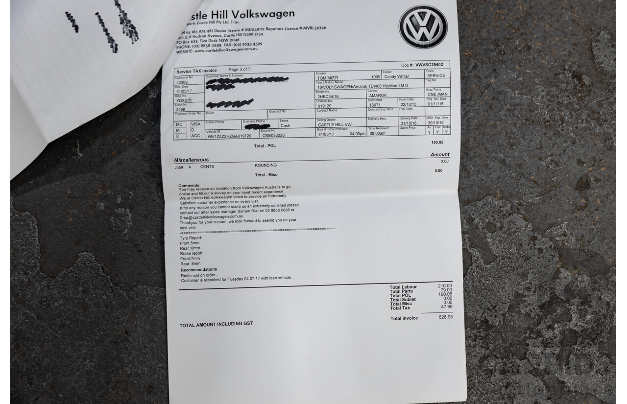 1/2016 Volkswagen Amarok TDI400 Highline (4x4) 2H MY16 Dual Cab Utility White Turbo Diesel 2.0L