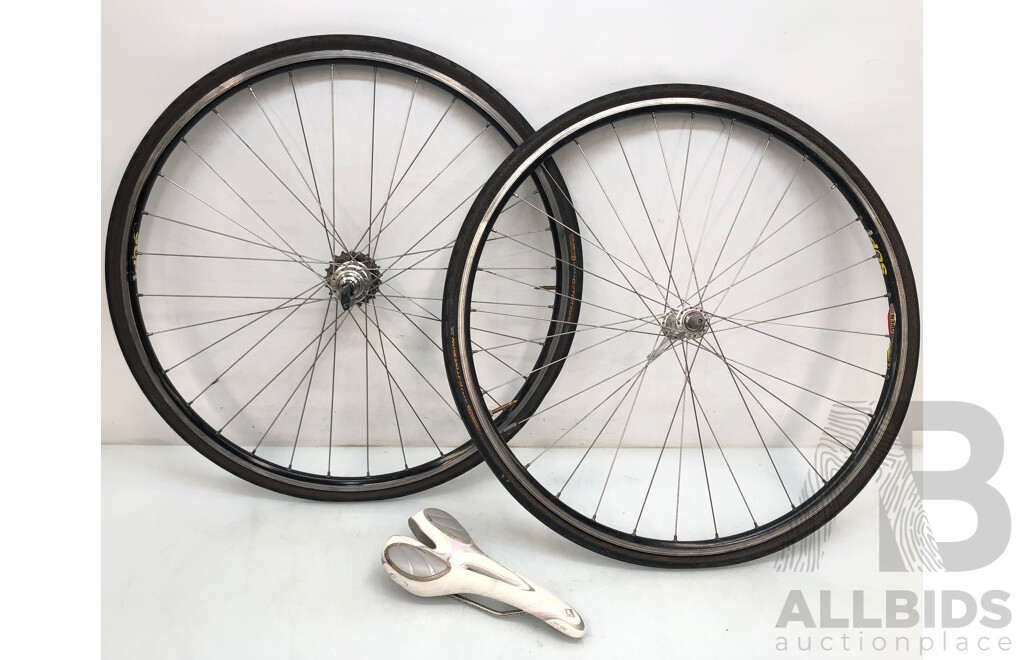 Two Road Bike Wheels with Tyre and a Bike Seat