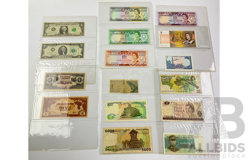 Collection of Paper Bank Notes From USA, Australia, Fiji, Pakistan, New Zealand, Burma, Indonesia, WW2 Japanese Occupation Money, Examples From 1940's, 1960's, 70's, 80's