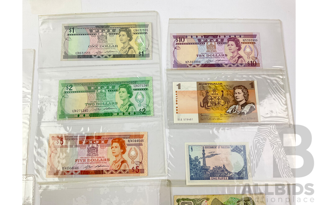 Collection of Paper Bank Notes From USA, Australia, Fiji, Pakistan, New Zealand, Burma, Indonesia, WW2 Japanese Occupation Money, Examples From 1940's, 1960's, 70's, 80's