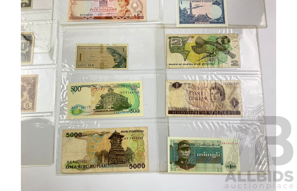 Collection of Paper Bank Notes From USA, Australia, Fiji, Pakistan, New Zealand, Burma, Indonesia, WW2 Japanese Occupation Money, Examples From 1940's, 1960's, 70's, 80's