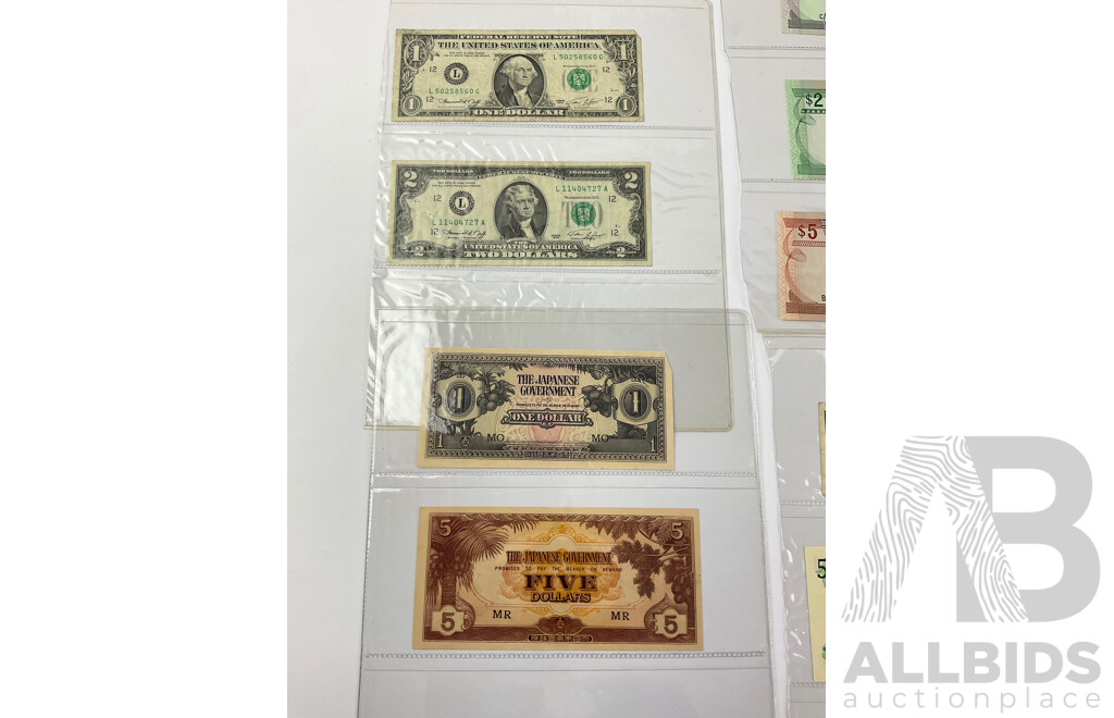 Collection of Paper Bank Notes From USA, Australia, Fiji, Pakistan, New Zealand, Burma, Indonesia, WW2 Japanese Occupation Money, Examples From 1940's, 1960's, 70's, 80's