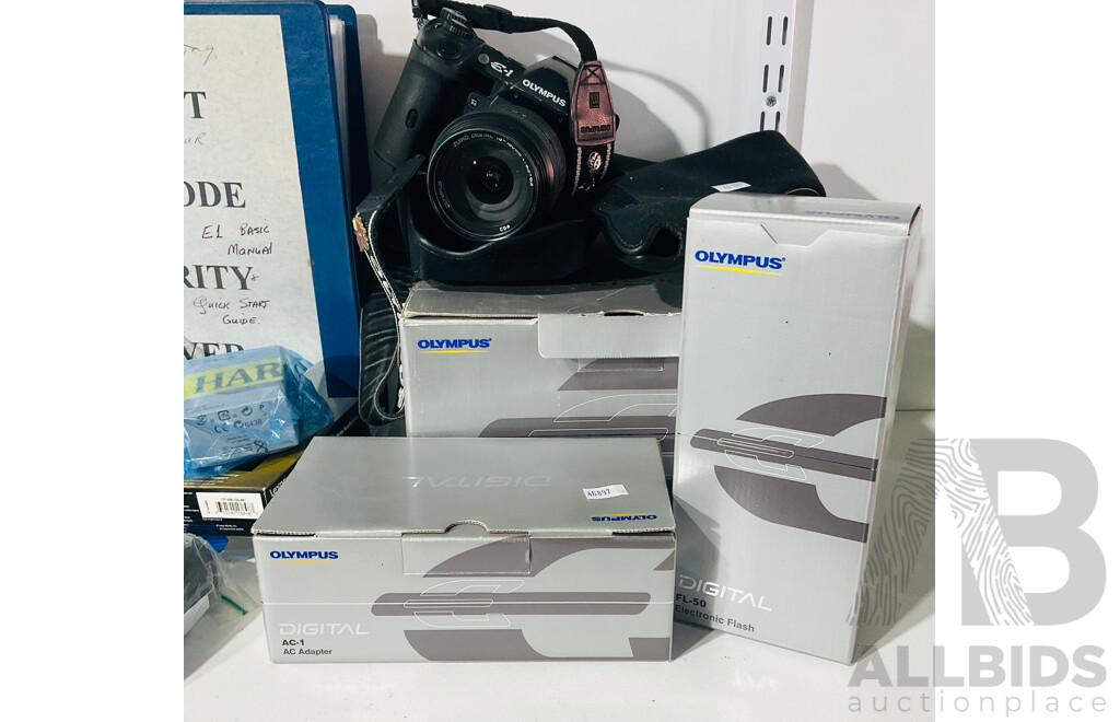 Olympus E1 Digital Camera with Case and in Box, with Various Other Items Including FL-50 Electronic Flash and AC-1 Adapter, Instructions and More