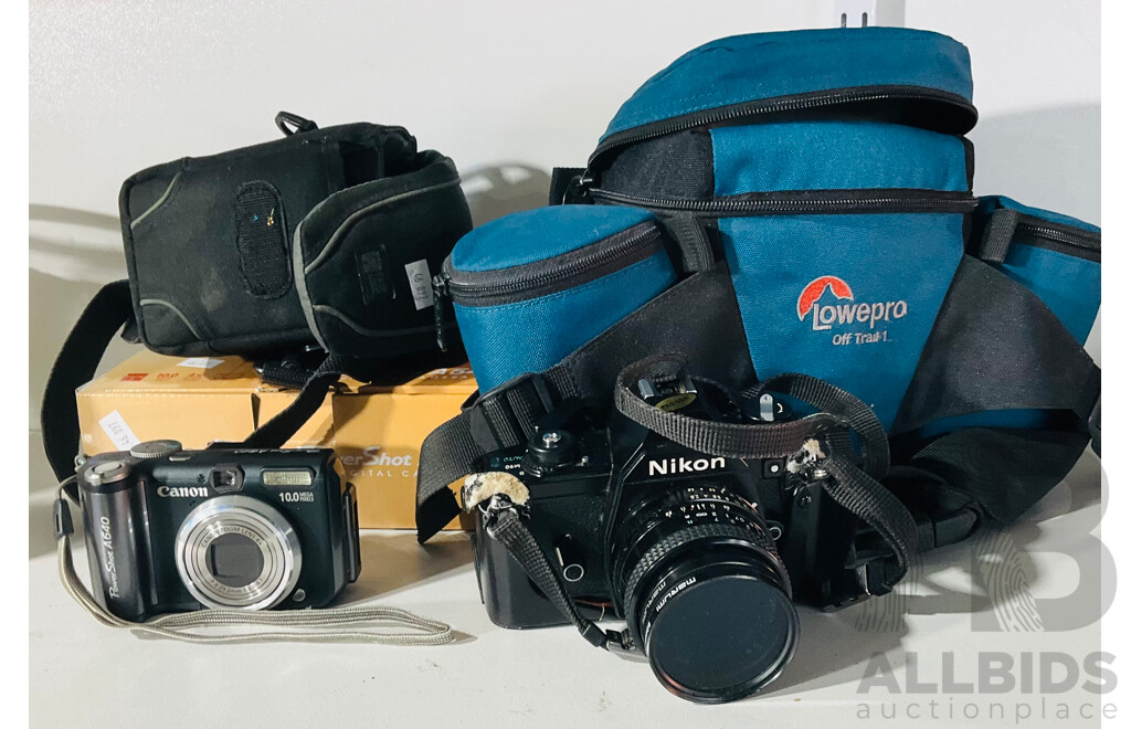 Canon PowerShot A640 in Carrying Case, Alongside Original Box and a Vintage Nikon EM Camera in a Lowepro Off Trail 1 Case with Other Accessories