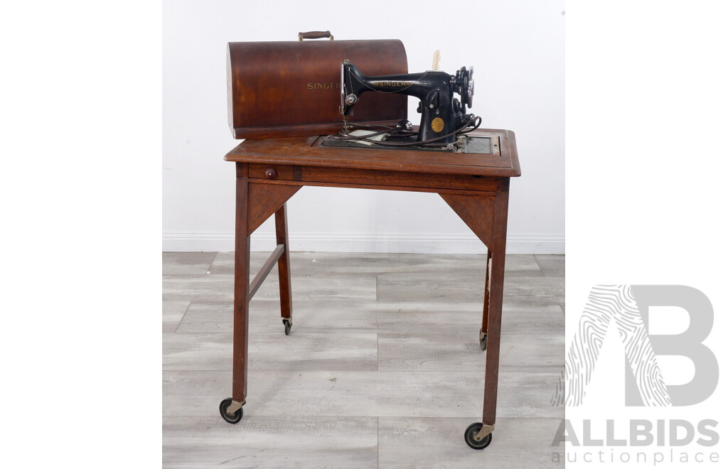 Antique Singer Sewing Machine Mounted in Oak Table
