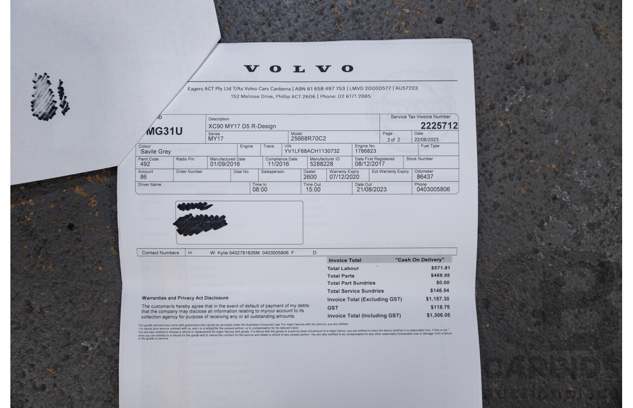 11/2016 Volvo XC90 D5 R-Design (AWD) 256 MY17 4D Wagon Grey Twin Turbo Diesel 2.0L - 7 Seater