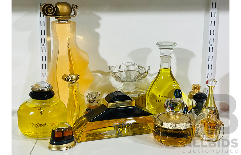 Collection Perfume Factice Display Perfume Bottles Including Oscar De La Renta, Fendi, YSL and Oversize Examples, Maison De Parfum, Manuka