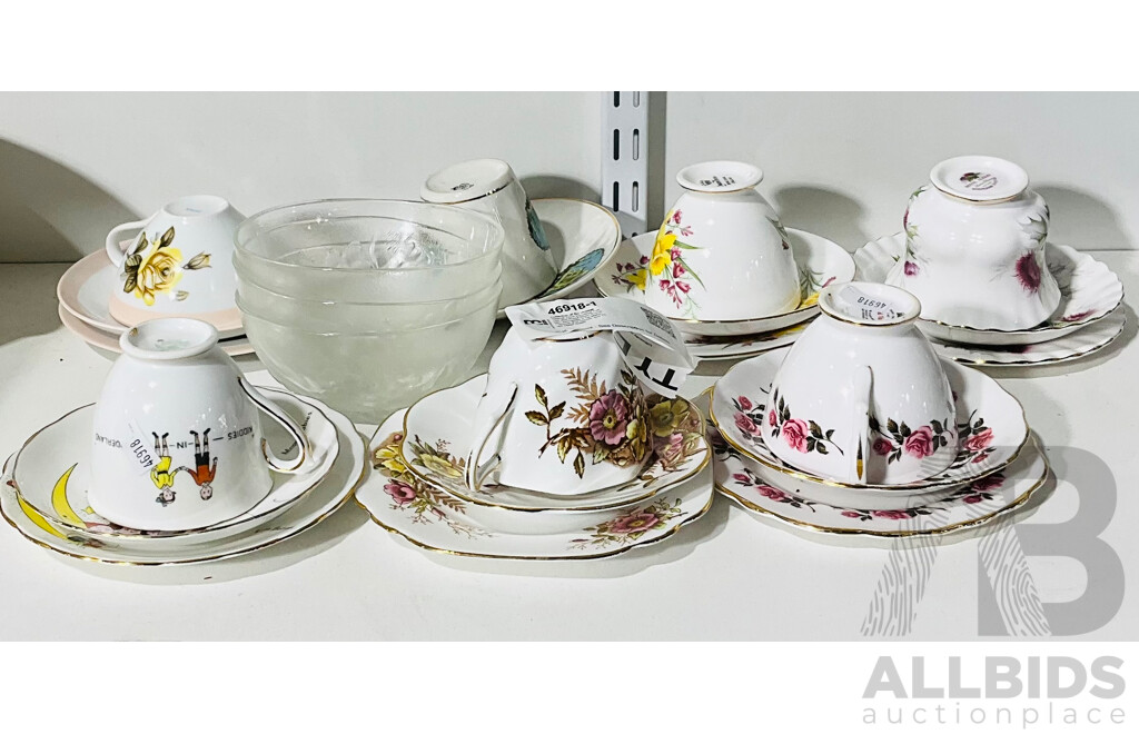 Collection of Six Vintage Teacup Trios Including Tuscan and Royal Albert Porcelain, Alongside a Taj Mahal Teacup and Saucer and Three Glass Bowls