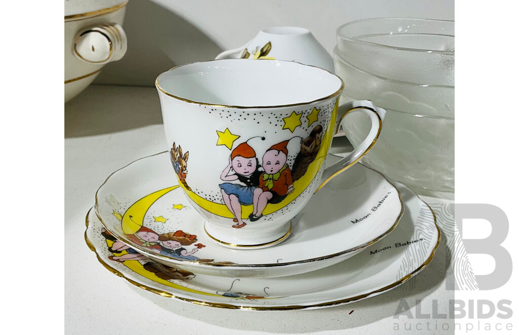 Collection of Six Vintage Teacup Trios Including Tuscan and Royal Albert Porcelain, Alongside a Taj Mahal Teacup and Saucer and Three Glass Bowls