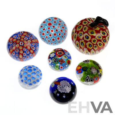 Collection Seven Glass Paperweights Including Millefiori Examples Along with Old English Paperweights by R G Hall