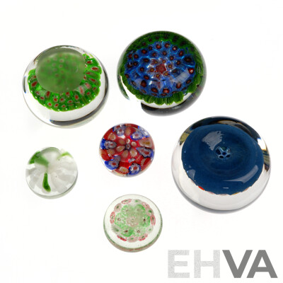 Collection Six Glass Paperweights Including Millefiori Examples