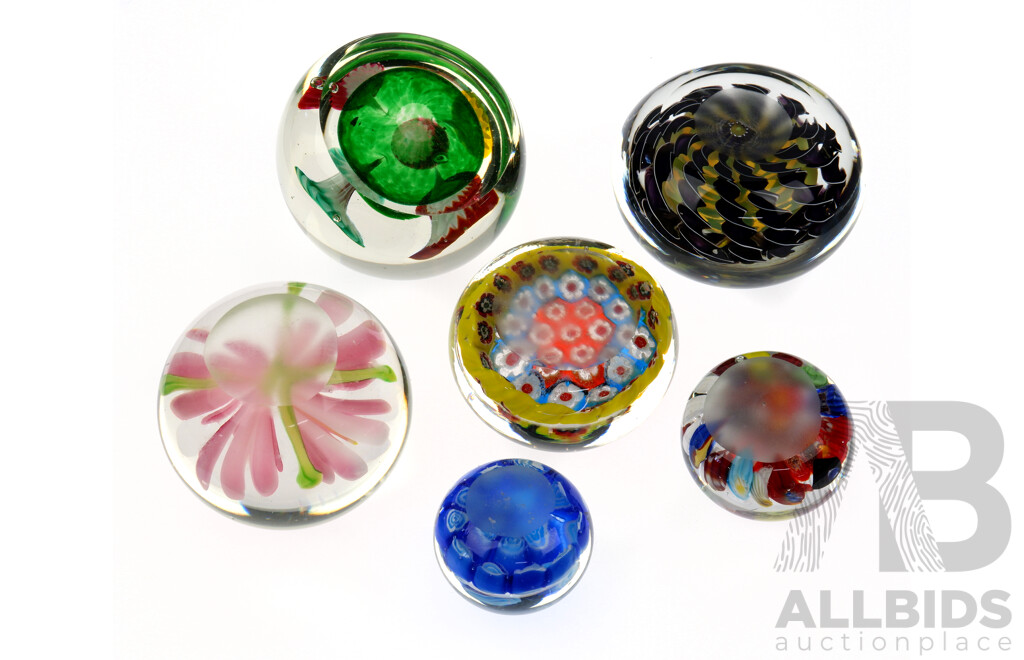 Collection Six Glass Paperweights Including Millefiori Examples
