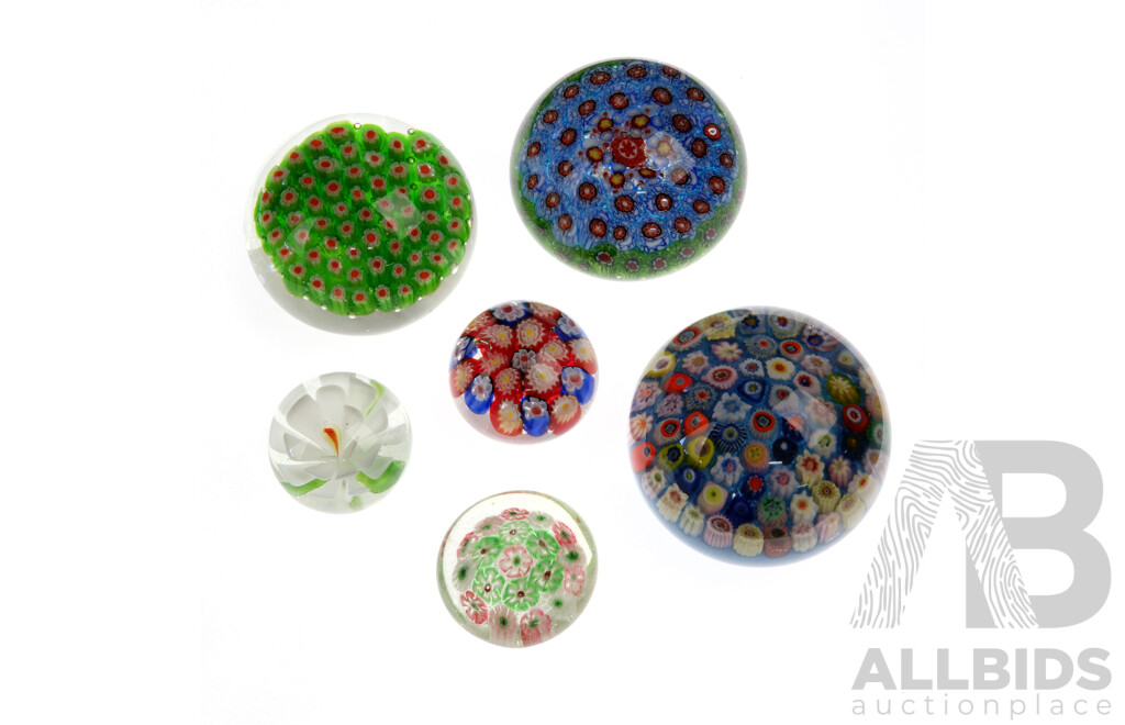 Collection Six Glass Paperweights Including Millefiori Examples