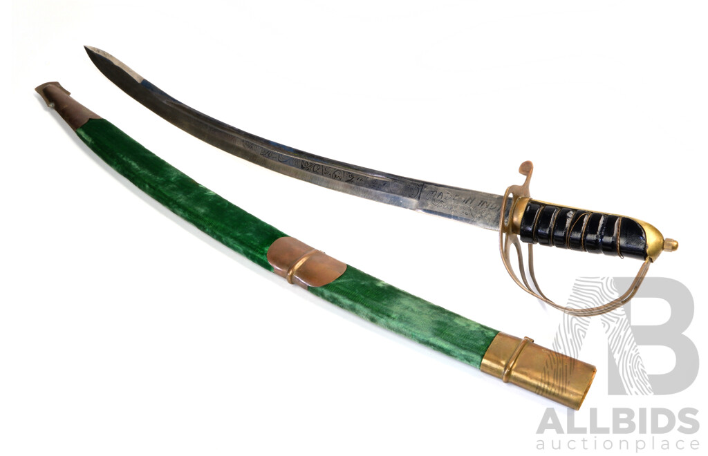 Vintage Reproduction Cavalry Sabre in Scabbard Covered with Green Velour