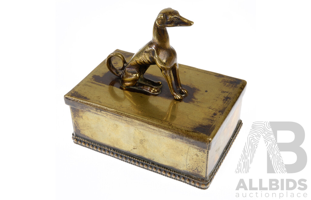 Antique Brass Ceder Lined Cigarette Box with Sighthound Finial