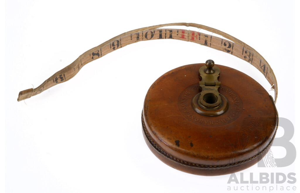 Antique English John Rabone & Sons Birmingham Leather, Brass and Canvas 66 Foot WInd Up Measuring Tape