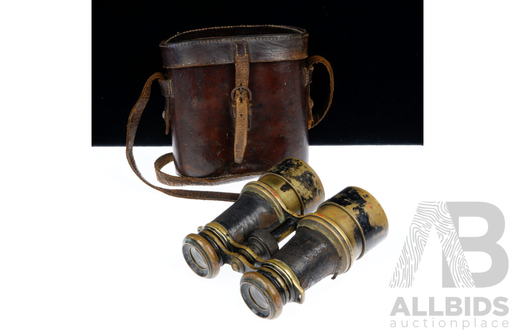 Antique English Heath Crayford & Co, London WW1 British Brass Field Glasses in Leather Case