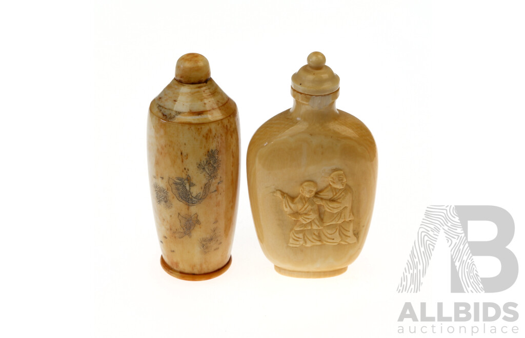 Vintage Hand Carved Chinese Ivory Snuff Bottle Along with Bone Example with Incised Decoration