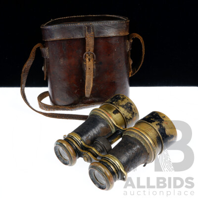 Antique English Heath Crayford & Co, London WW1 British Brass Field Glasses in Leather Case