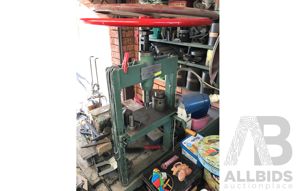 Metal Three Tier Workbench with Dawn Bench Vice, Spotmatic Welder, Bakahag 5 Ton Screw Press and Various Welding Accessories and Hardware