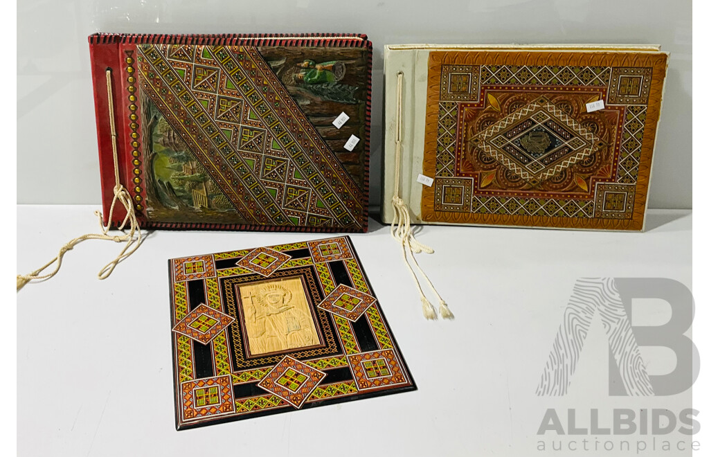 Pair of Decorative Carved Photo Albums and One Wood Carved Image - Vintage Photos in One Album