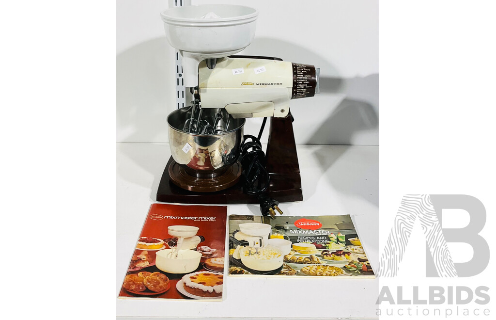 Vintage Sunbeam Mixmaster Electric Mixer with Attachments and Two Different Sets of Recipes and Instructions
