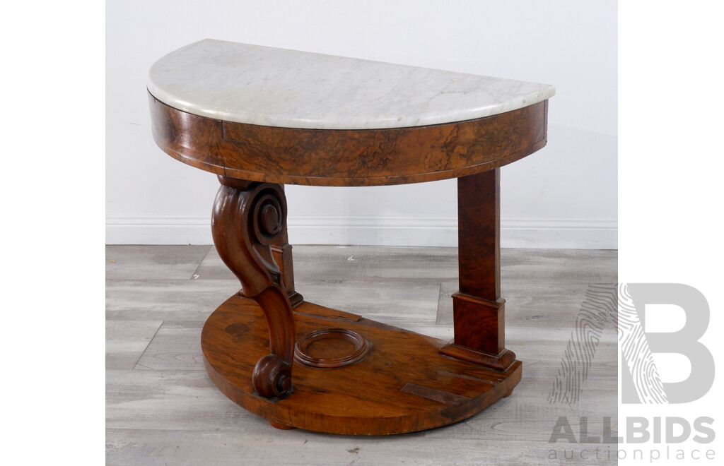 Antique Walnut Demi Lune Console Table with Marble Top