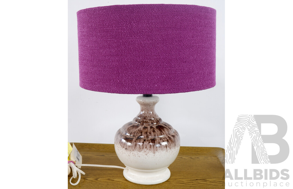 Retro White and Brown Glazed Table Lamp with Purple Shade