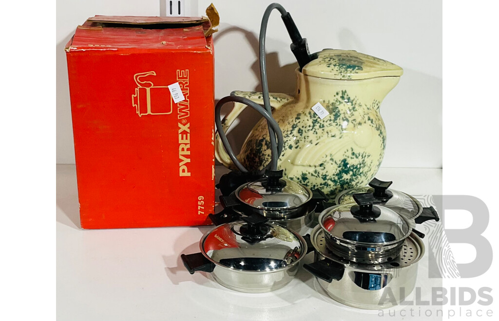 Vintage Mottled Yellow and Green Kookaburra Electric Jug Alongside Pyrex Range Top 9 Cup Percolator and Several Individual Very Small Pots with Lids