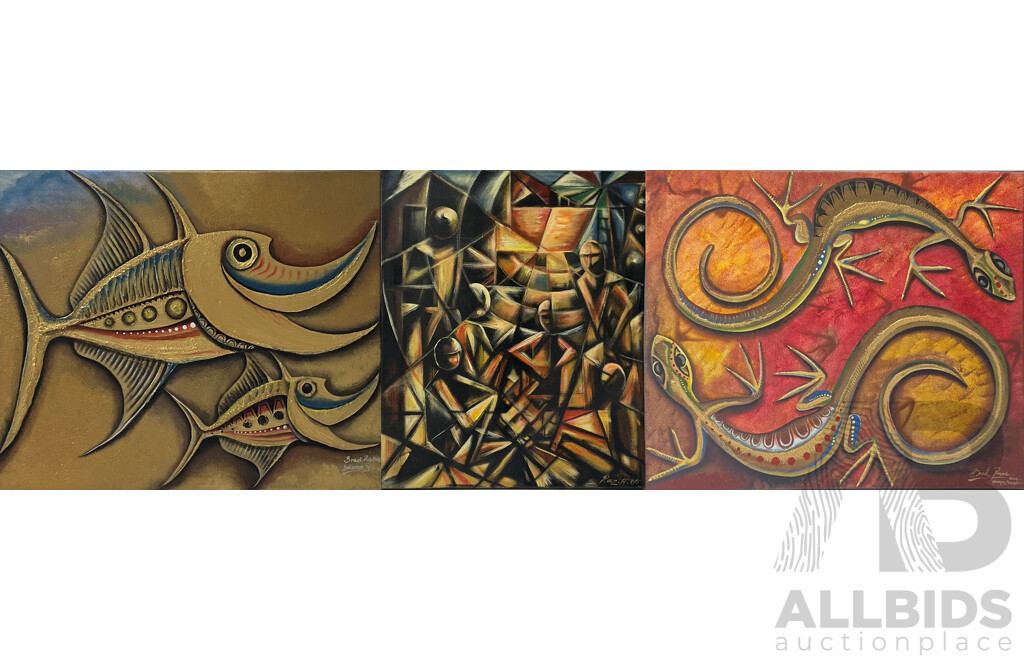 Three Paintings on Canvas by Solomon Islands Artists Brad Pugera & Riaz H