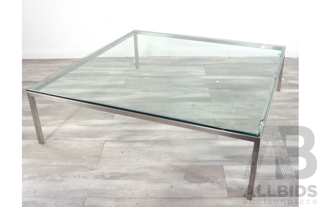 Custom Glass and Brushed Steel Square Coffee Table by Fanuli Furniture