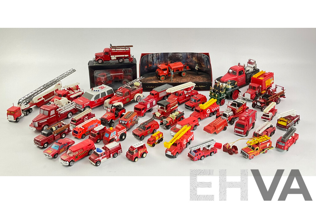 Collection of Diecast and Plastic Fire Fighting Vehicles Including Matchbox Models of Yesteryear and Trux Tribute to Australian Fire Fighters