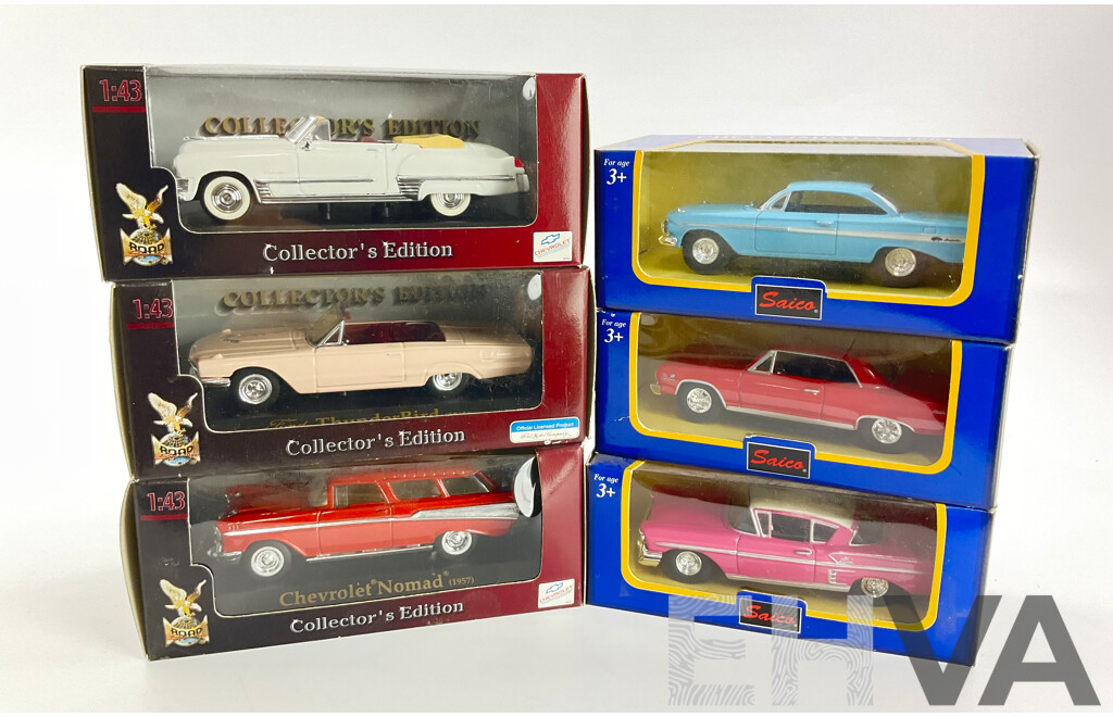 Six Boxed Diecast Classic American Cars, Saico and Road Signiture Including 1961 Chevy Impala, 1949 Cadilac Coupe Deville, 1965 and 1958 Impala, 1966 Thunderbird, 1957 Nomad, 1:43 and 1:45 Scale